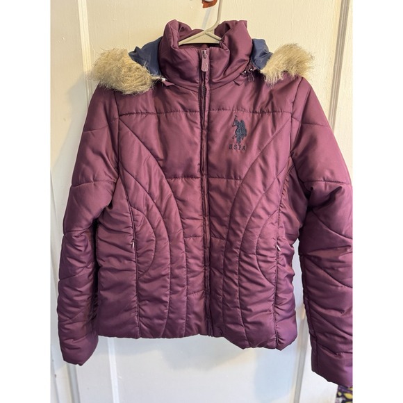 US Polo Assn Puffer Jacket Womens Size L Purple Fur Hood Quilted Winter Coat